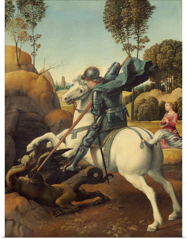 Saint George and the Dragon, by Raphael, c. 1506, Italian Renaissance painting, oil on panel. George was patron saint of E...
