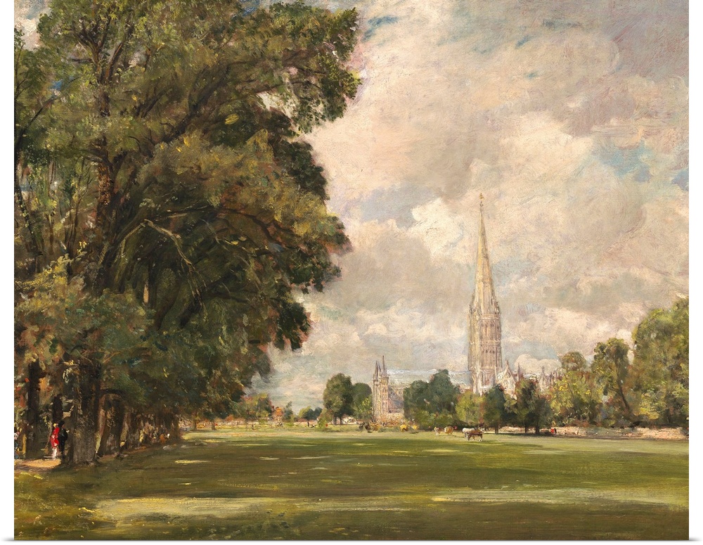 Salisbury Cathedral from Lower Marsh, by John Constable, 1820, English painting, oil on canvas. The Gothic cathedral is un...