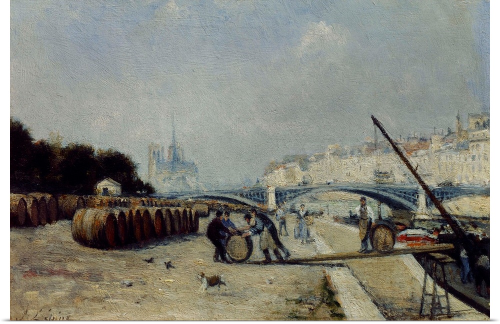 Stanislas Lepine, French School. The Seine at Sully Bridge, the Wine Harbour Quai Saint Bernard, circa 1882-1885. Oil on c...