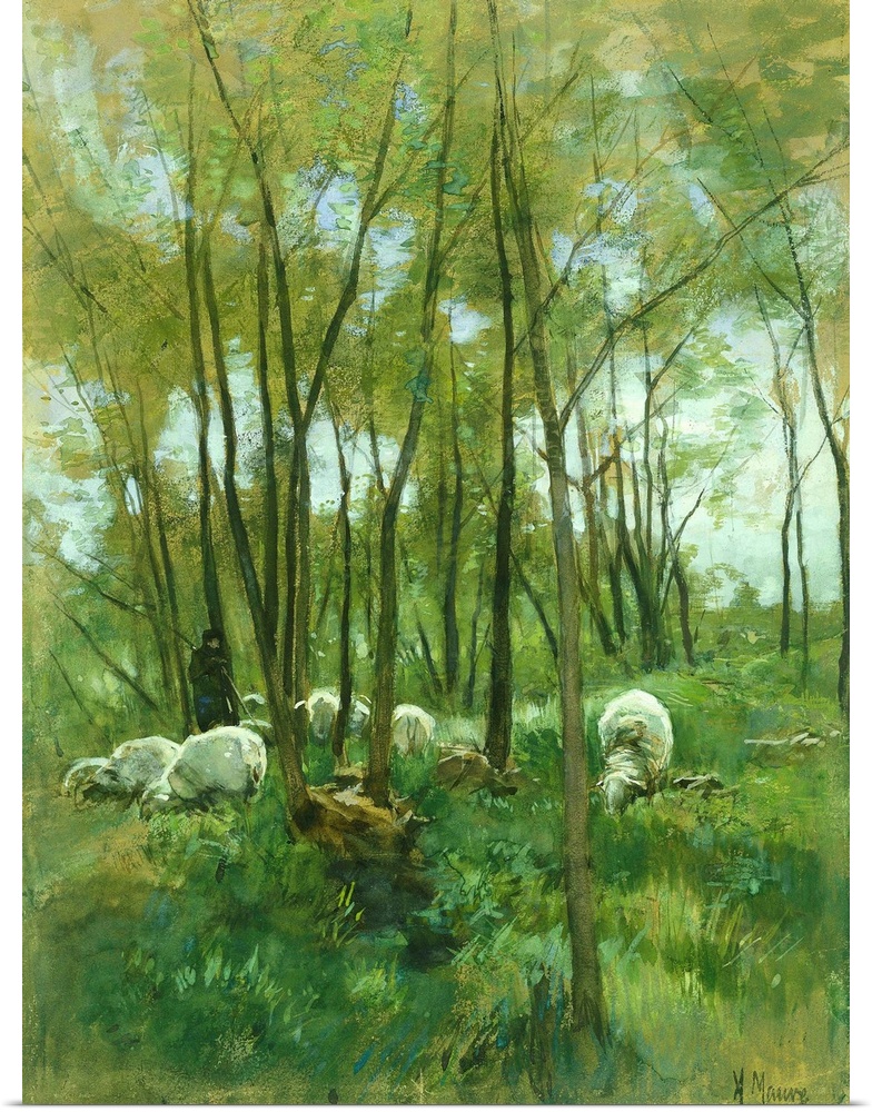Sheep in a Forest, by Anton Mauve, 1848-88, Dutch watercolor painting. Shepherd with floc of sheep grazing in a woods.