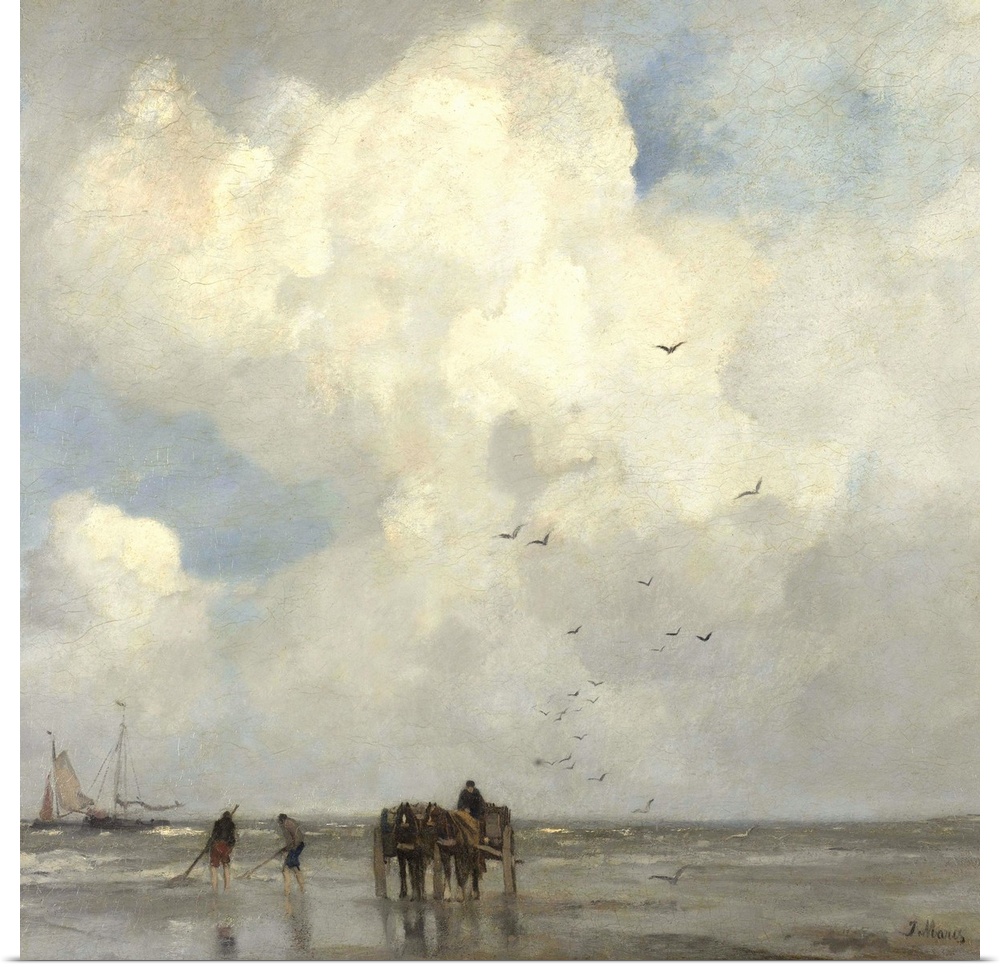 Shell Fishing, by Jacob Maris, 1885, Dutch painting, oil on canvas. People on beach fishing with nets for shellfish as a t...