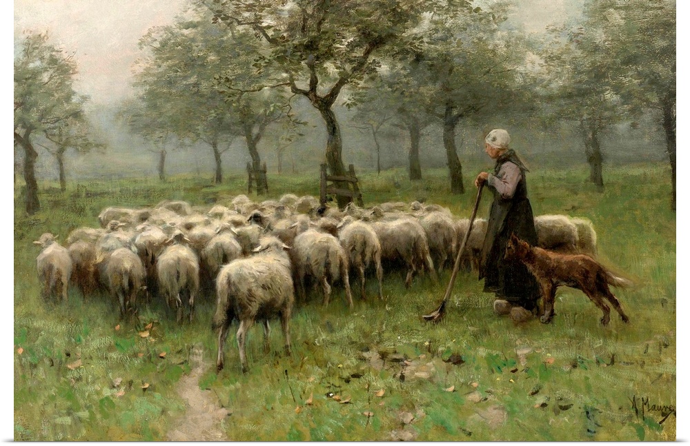 Shepherdess with a Flock of Sheep, by Anton Mauve, c. 1870-88, Dutch painting, oil on canvas. Sheep and dogs in an orchard.