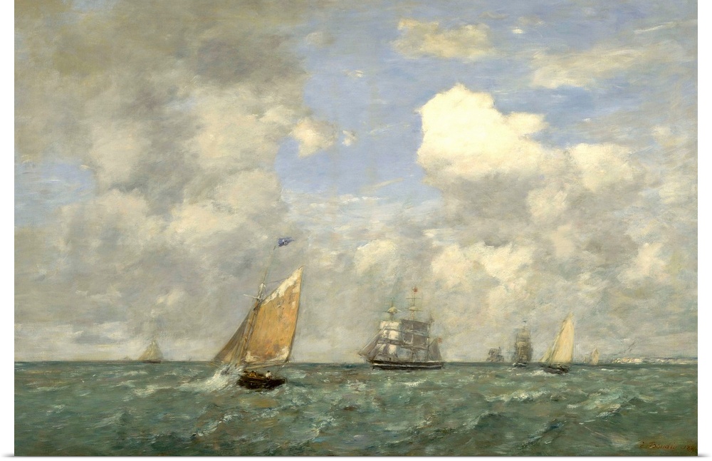 Ships and Sailing Boats Leaving Le Havre, by Eugene Boudin, 1887 French impressionist painting, oil on canvas. Boudin did ...