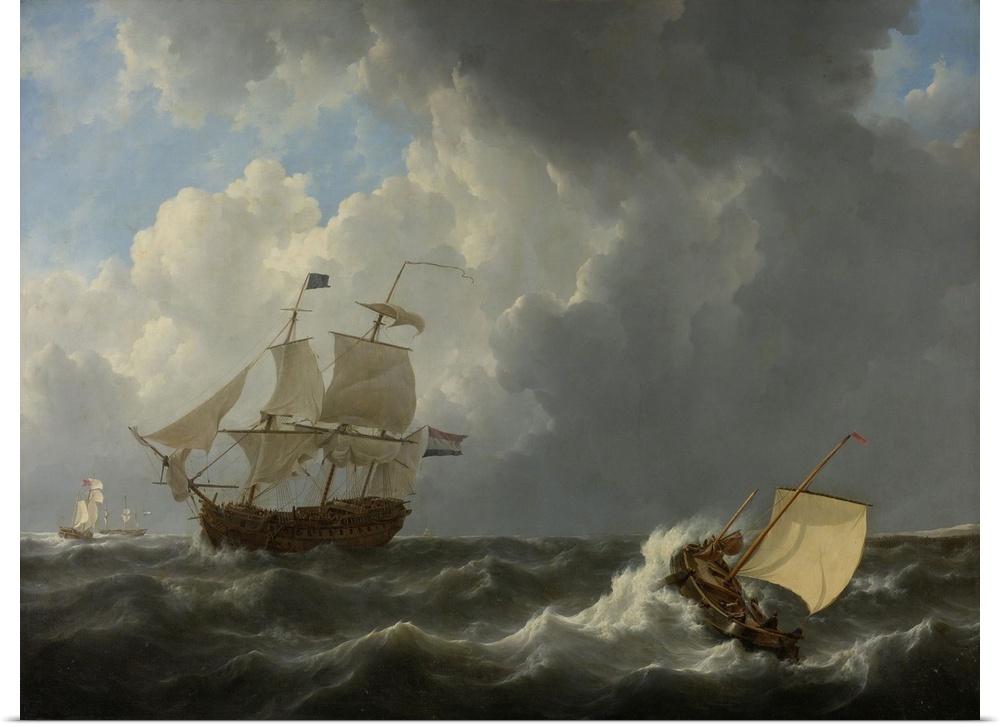 Ships in a Turbulent Sea, by Johannes Christiaan Schotel, 1826, Dutch painting, oil on canvas. Four ships in rough sea, wi...