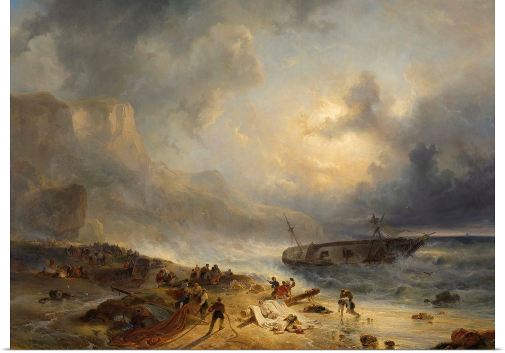 Shipwreck off a Rocky Coast, by Wijnand Nuijen, c. 1837, Dutch painting, oil on canvas. After a three-masted ship foundere...