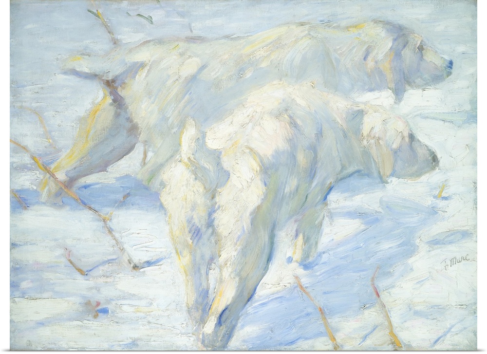 Siberian Dogs in the Snow, by Franz Marc, 1909-10, German painting, oil on canvas. This realist image was painted shortly ...