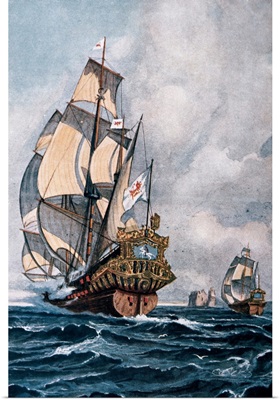 Sixteenth Century Galleon. 19-20th Century Color Engraving