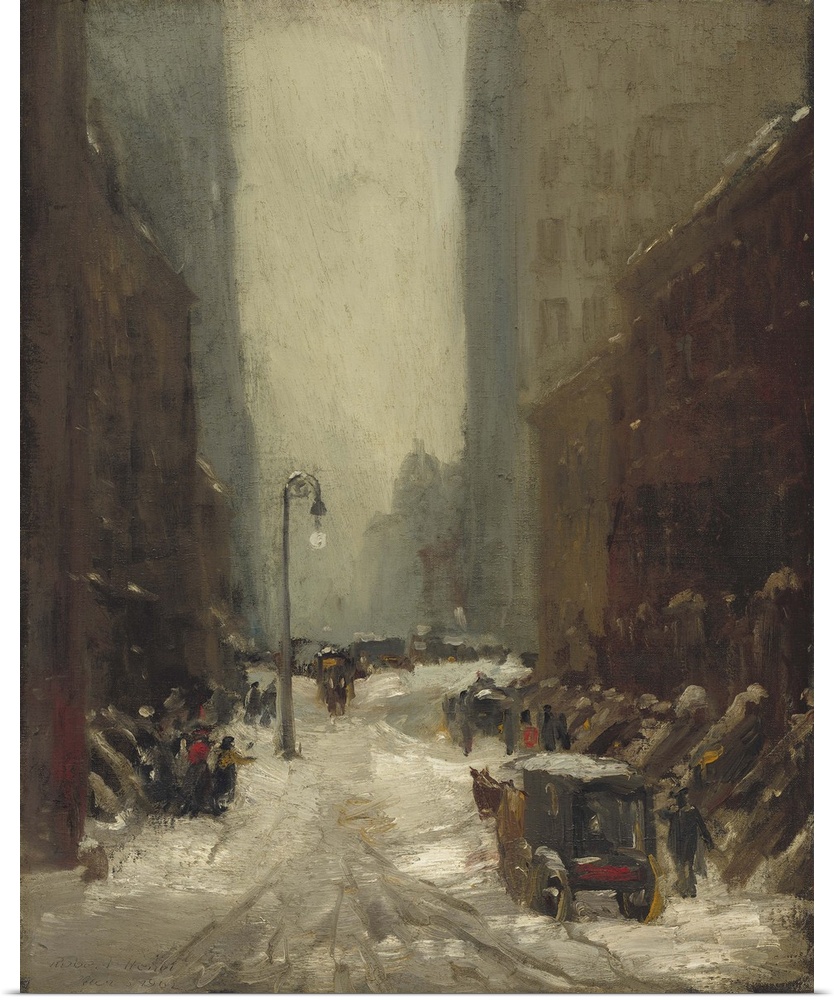 Snow in New York, by Robert Henri, 1902, American painting, oil on canvas. Brownstone apartments and office buildings duri...