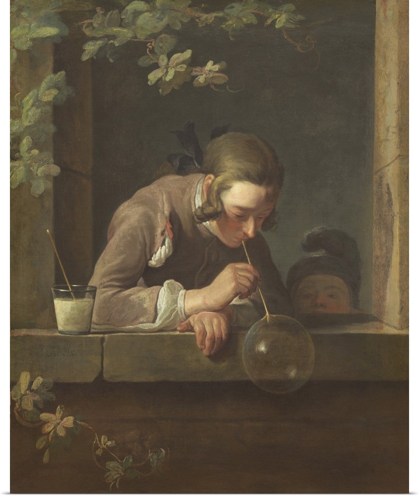 Soap Bubbles, by Jean Chardin, 1733-34, French painting, oil on canvas. A boy concentrates on a quivering bubble, ready to...