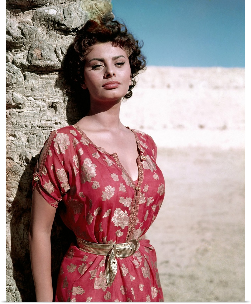 Vintage publicity photo of actress Sophia Loren on the beach.