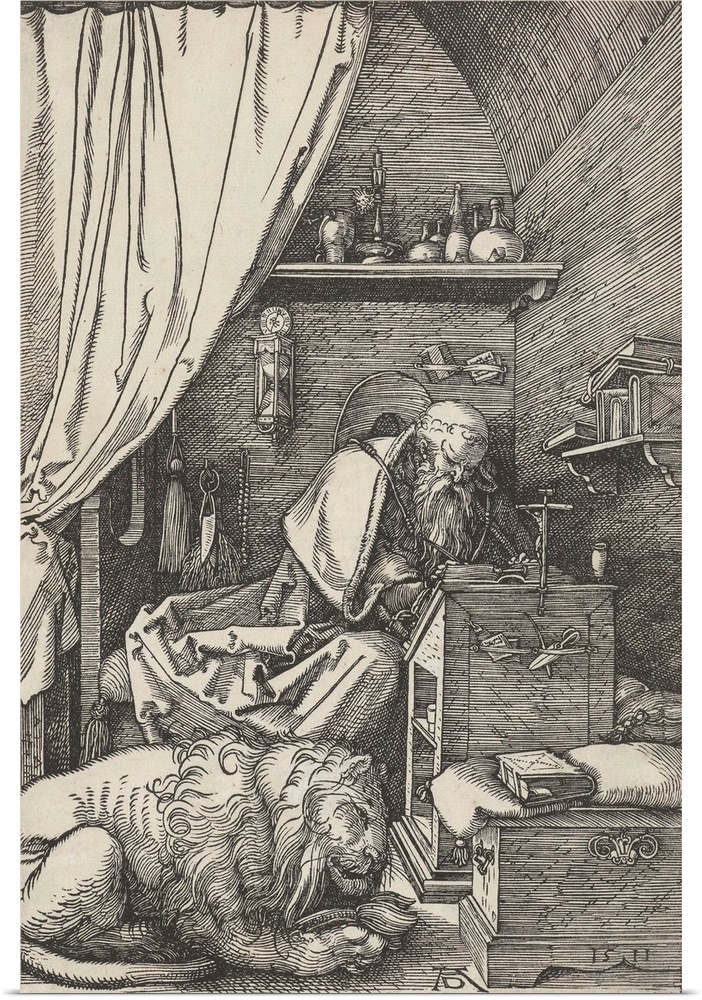 St. Jerome in his Study, by Albrecht Durer, 1511, German print, wood engraving. The Doctor of the Latin Church sits in a s...