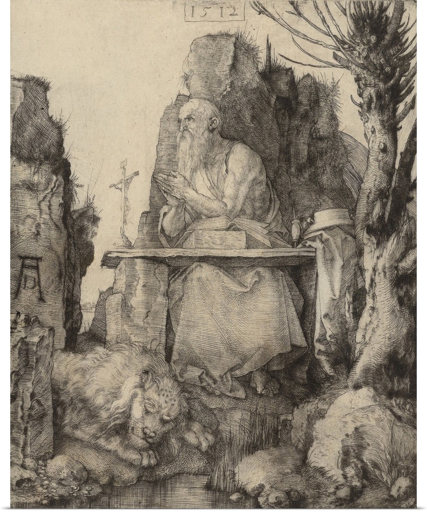 St Jerome in the Wilderness, by Albrecht Durer, 1512, German print, copper dry point engraving. Jerome as a hermit in the ...