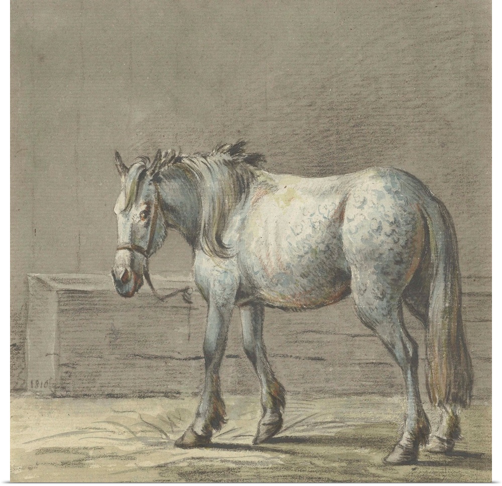 Standing Horse in a Stall, Facing Left, by Jean Bernard, 1810-16, Dutch watercolor painting.