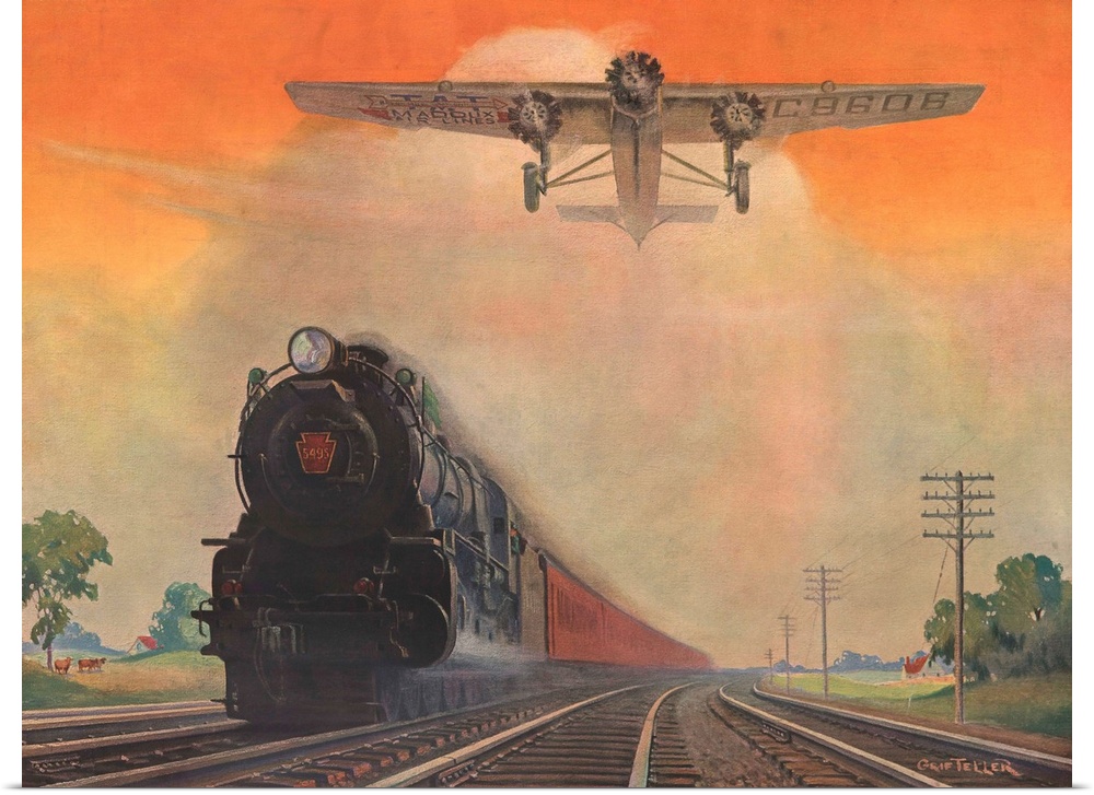 Steam powered locomotive and Ford Tri-Motor airplane speeding through in rural landscape. Poster for Pennsylvania Railroad...