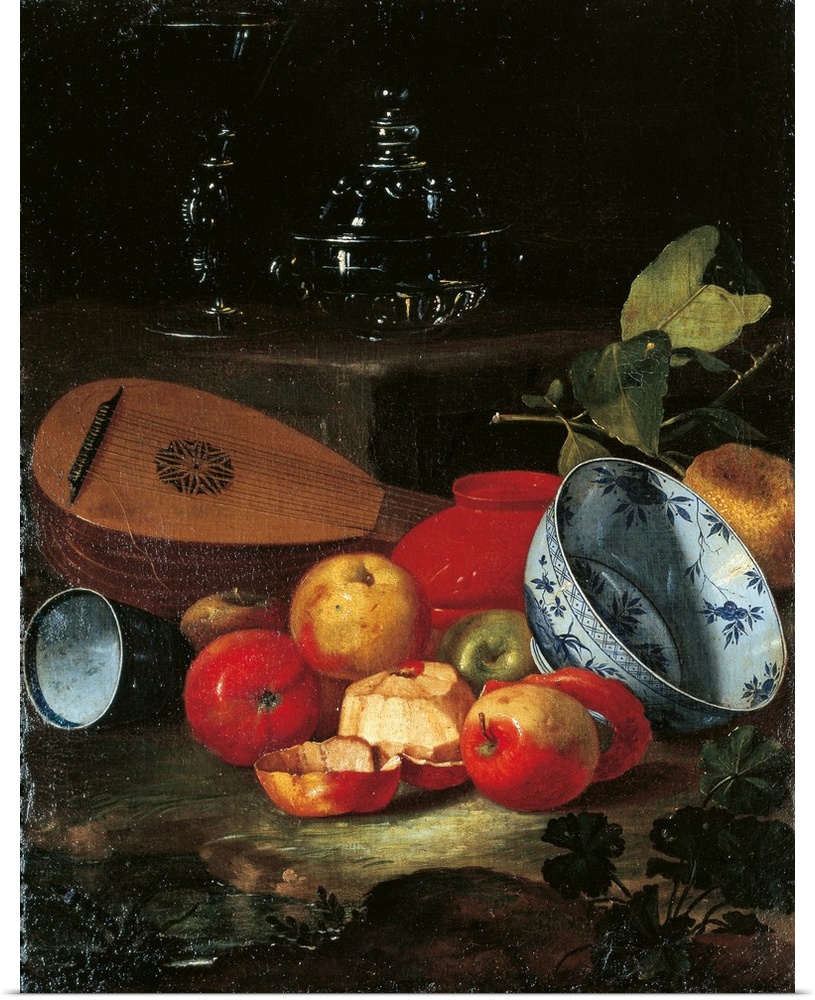 Still Life with Mandola, Chalice, Bowl of Glass, Porcelain and Apples, by Cristoforo Munari, 1700 - 1720, 18th Century, oi...