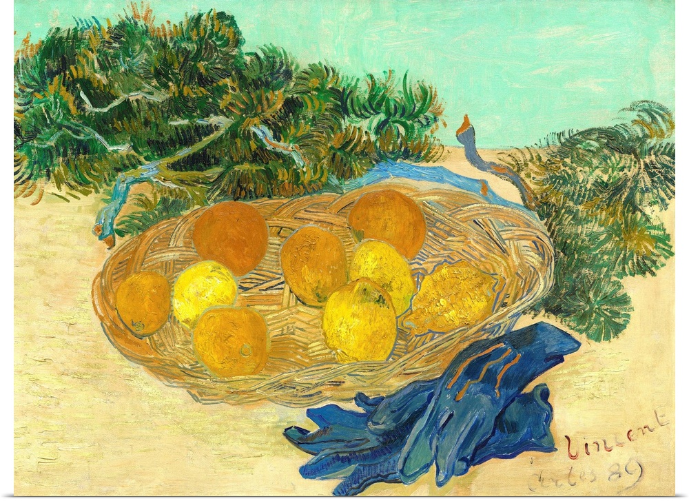 Still Life of Oranges and Lemons with Blue Gloves, by Vincent van Gogh, 1889, Dutch Post-Impressionist painting, oil on ca...