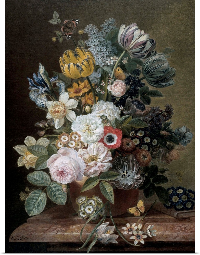 Still Life with Flowers, by Eelke Jelles Eelkema, c. 1815-39, Dutch oil painting, oil on canvas. Bouquet of roses, tulips,...