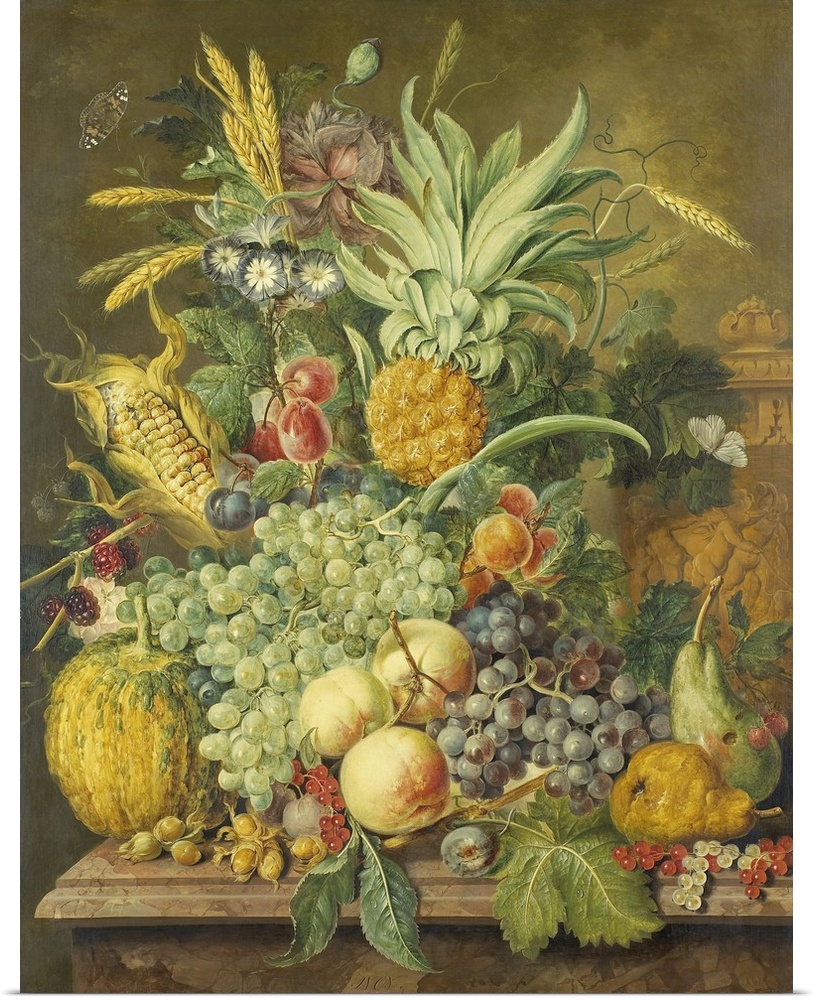 Still Life with Fruit, by Jacobus Linthorst, 1808, Dutch painting, oil on panel. Rich arrangement of various fruit with ve...