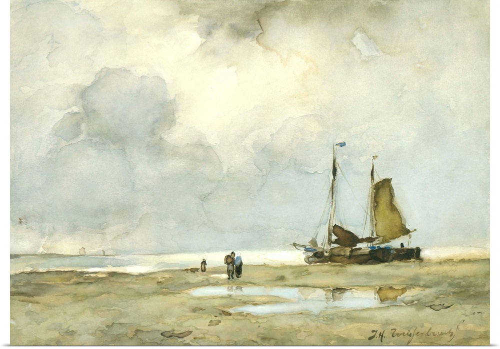 Beached Boat, by Johan Hendrik Weissenbruch, c. 1895, Dutch watercolor painting.