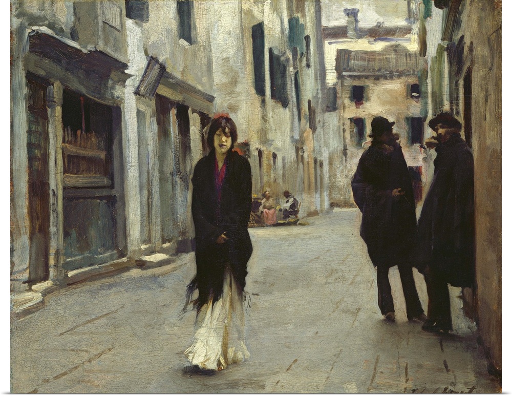 Street in Venice, by John Singer Sargent, 1911, American painting, oil on wood panel. A young women walks alone in Venice,...