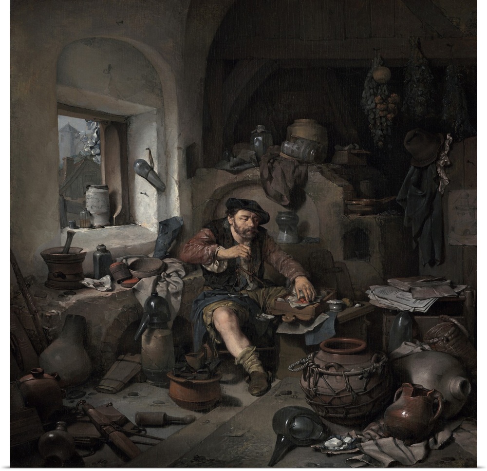The Alchemist, by Cornelis Bega, 1663, Dutch painting, oil on canvas. Unkempt figure of an alchemist sits among a chaotic ...