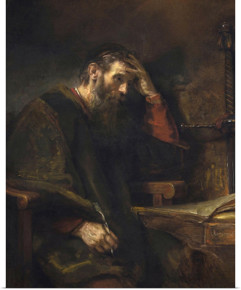 The Apostle Paul, by Rembrandt van Rijn, c. 1657, Dutch painting, oil on canvas. Meditative Paul at a table in his prison ...