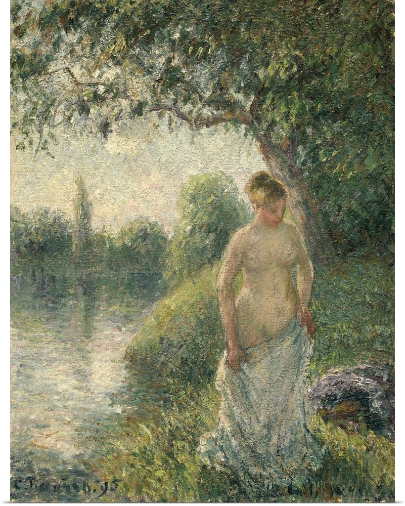 The Bather, by Camille Pissarro, 1895, French impressionist painting, oil on canvas. Semi-nude bather in a waterside lands...