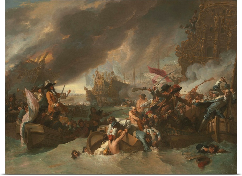 The Battle of La Hogue, by Benjamin West, c. 1778, British painting, oil on canvas. For five days May 29-June 4, 1692, Dut...