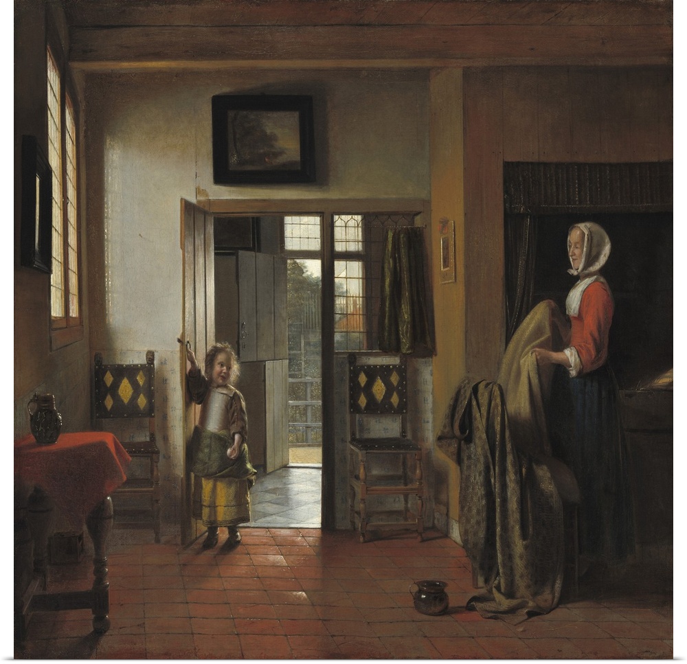 The Bedroom, by Pieter de Hooch, 1658-90, Dutch painting, oil on canvas. A child visits a busy mother tending to the chamb...