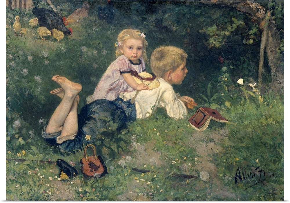 The Butterflies, by August Allebe, 1871, Dutch painting, oil on panel. A boy lying on grass while watching butterflies. He...