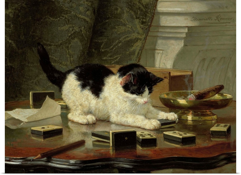 The Cat at Play, by Henriette Ronner, c. 1860-78, Belgian-Dutch painting on panel. Black and white cat on a table with a d...