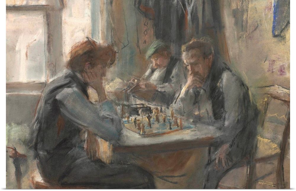 The Chess Players, by Isaac Israels, 1875-1922, Dutch art, colored chalk drawing on paper.