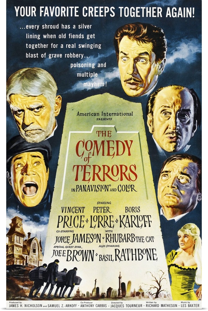 THE COMEDY OF TERRORS, clockwise from mid-left: Joe E. Brown, Boris Karloff, Vincent Price, Basil Rathbone, Peter Lorre, J...