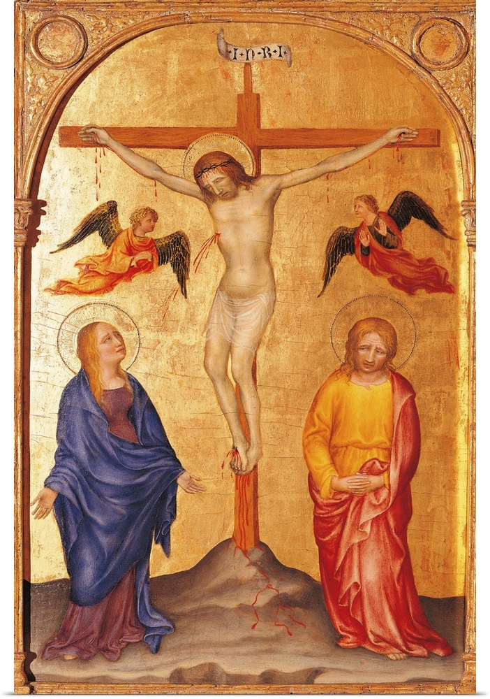 Italy, Lombardy, Milan, Brera art gallery. All. Crucifixion gold yellow blue red mantle cloak St John Madonna Jesus Christ...