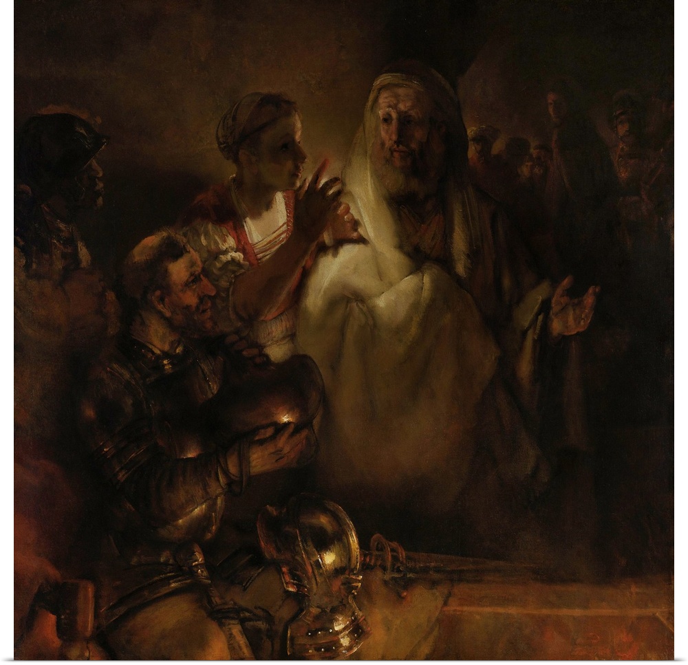 The Denial of St. Peter, by Rembrandt van Rijn, 1660, Dutch painting, oil on canvas. Countering the accusation of the maid...