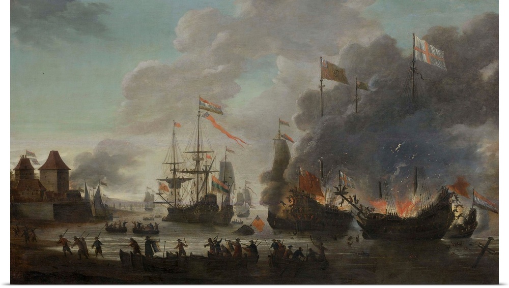 The Dutch Burn English Ships during the Expedition to Chatham, June 20, 1667 (Raid on the Medway), by Jan van Leyden, 1667...