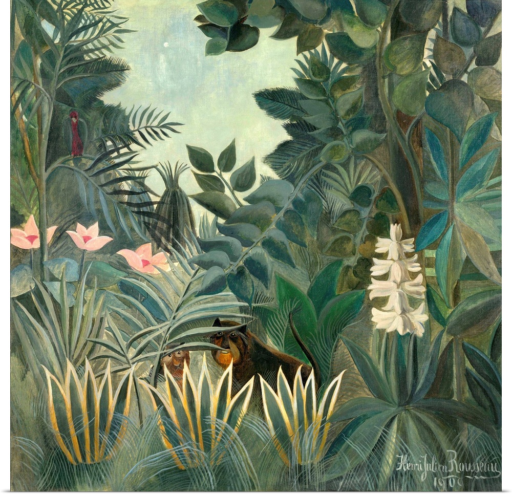 The Equatorial Jungle, by Henri Rousseau, 1909, French painting, oil on canvas. Henri Rousseau was a clerk in the Paris to...