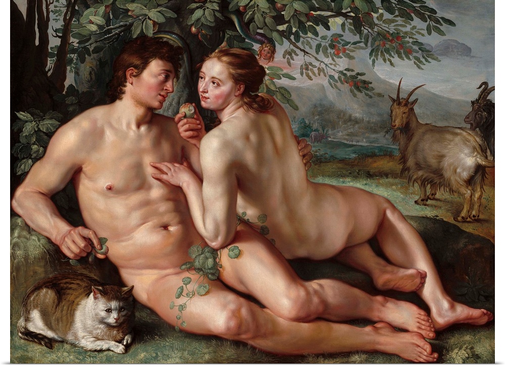 The Fall of Man, by Hendrick Goltzius, 1616, Dutch painting, oil on canvas. Goltzius presents the seduction based on mutua...