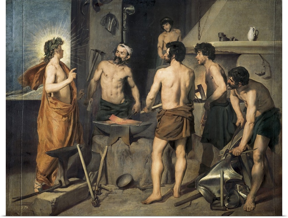 VELAZQUEZ, Diego Rodriguez de Silva (1599-1660). The Forge of Vulcan. 1630. Apollo visits Vulcan and informs him of the af...