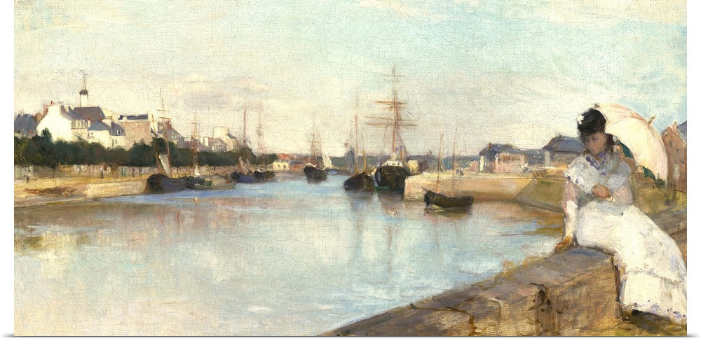 The Harbor at Lorient, by Berthe Morisot, 1869, French painting, oil on canvas. Impressionist view of still water and ship...