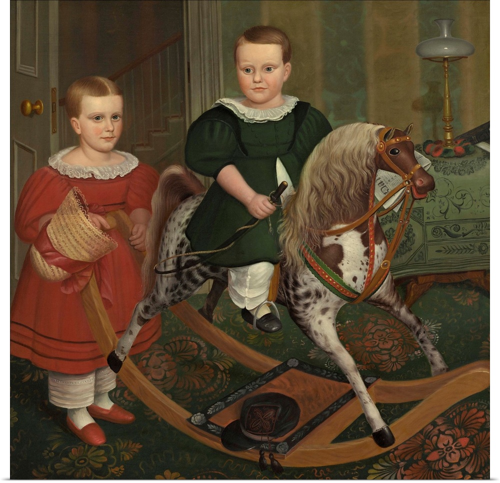 The Hobby Horse, by Robert Peckham, 1840, American Na..ve painting, oil on canvas. The hide-covered hobby horse, has a rea...