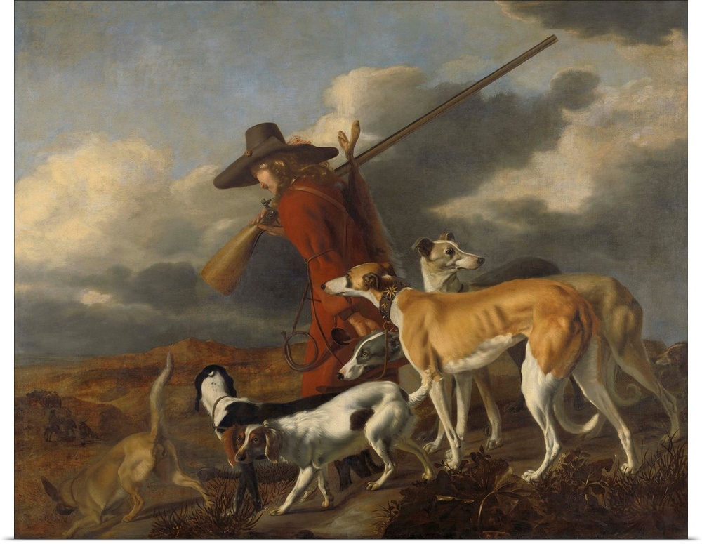 The Hunter, by Adriaen Beeldemaker, 1653, Dutch painting, oil on canvas. Returning hunter with his dogs and a dead hare ti...