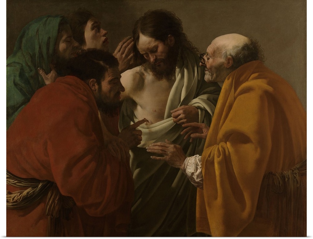 The Incredulity of Thomas, by Hendrick ter Brugghen, 1522, Dutch painting, oil on canvas. Thomas, one of Twelve Disciples,...