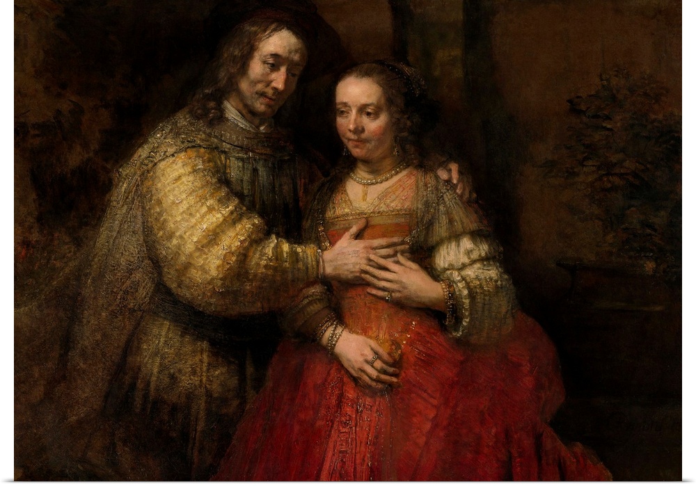 The Jewish Bride, by Rembrandt van Rijn, c. 1665-69, Dutch painting, oil on canvas. Richly costumed couple, with man placi...