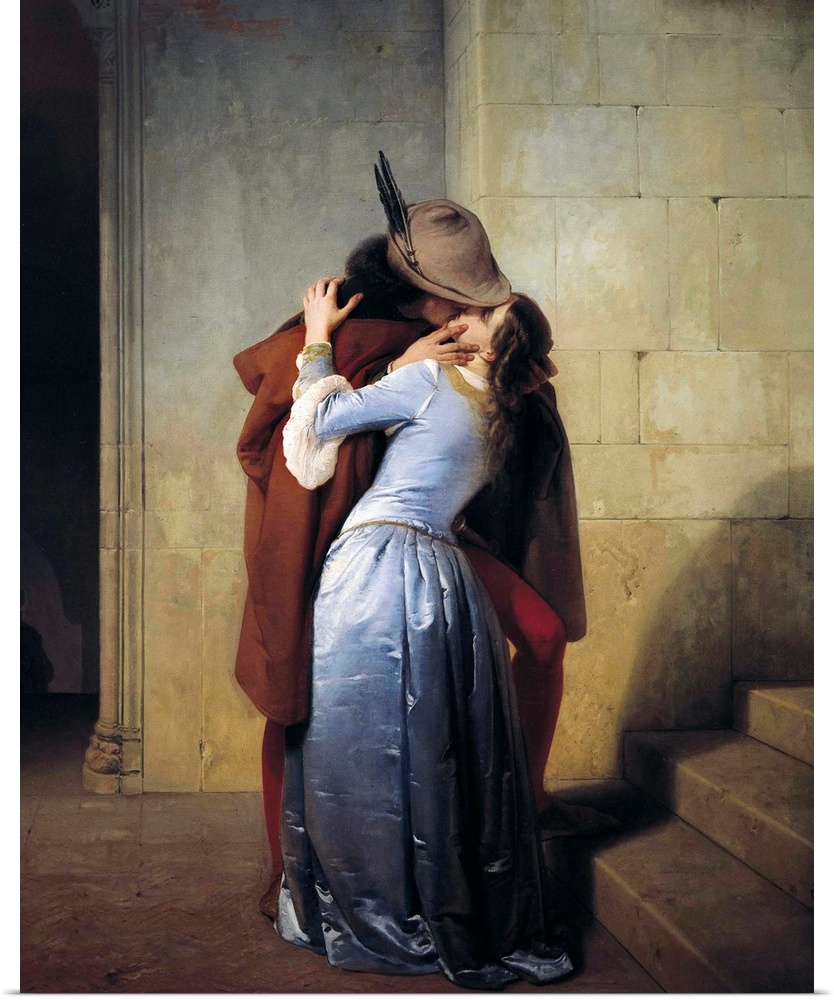19th century classic painting of a man kissing a woman in a stone hallway.