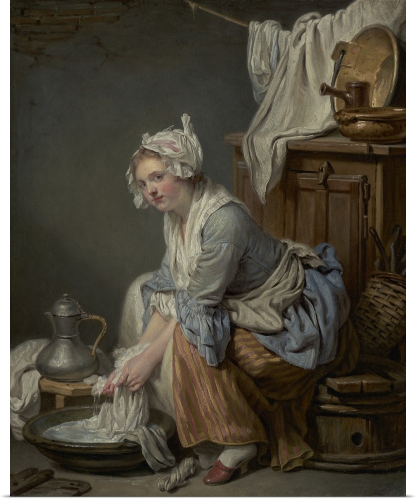 The Laundress, by Jean-Baptiste Greuze, 1761, French painting, oil on canvas. The moralizing artist Greuze portrays maidse...