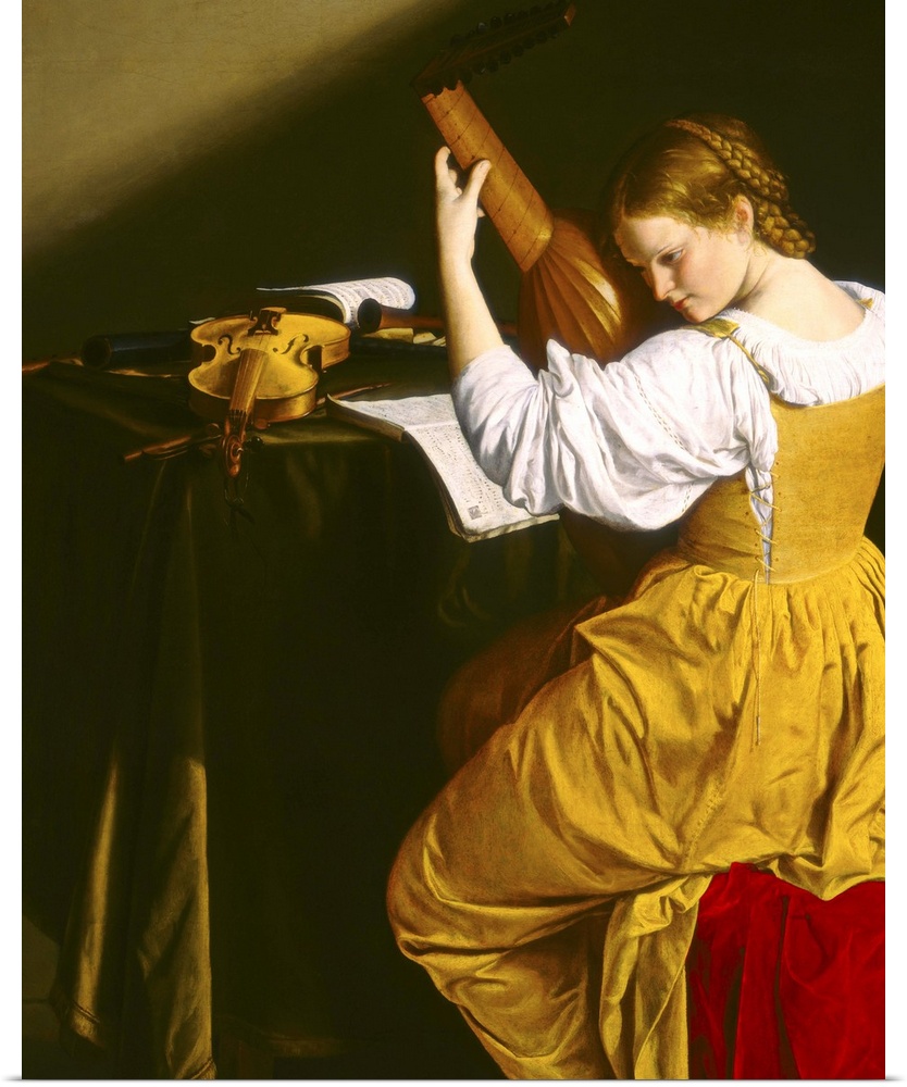 The Lute Player, by Orazio Gentileschi, c. 1612-20, Italian Renaissance painting, oil on canvas. Young woman listens to a ...