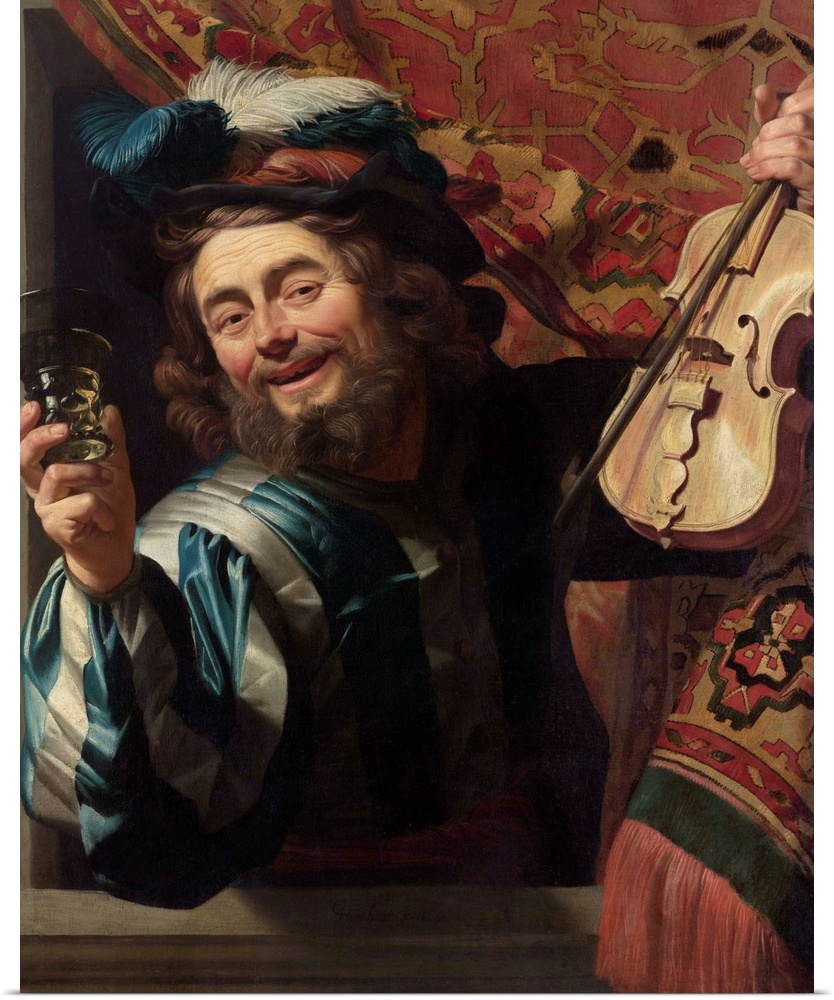 The Merry Fiddler, by Gerard van Honthorst, 1623, Dutch painting, oil on canvas. Wearing extravagant Italian clothing, a s...