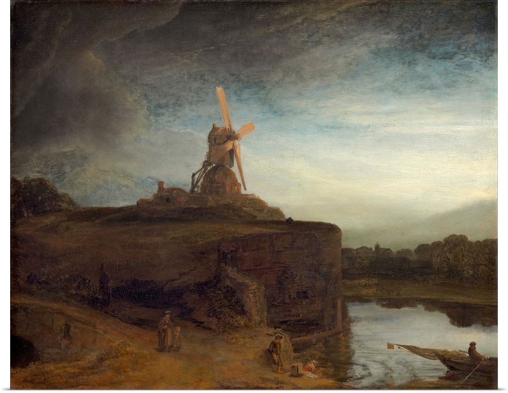 The Mill, by Rembrandt van Rijn, c. 1645-48, Dutch painting, oil on canvas. The bright sails of the blades draw the viewer...