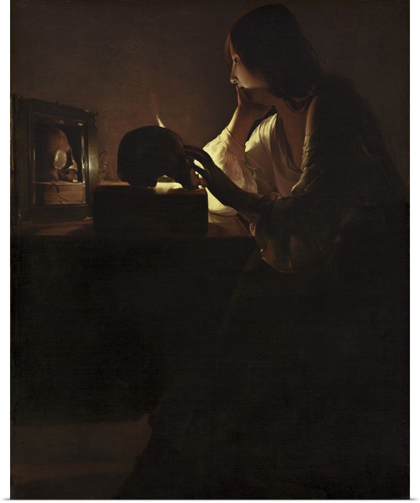 The Repentant Magdalen, by Georges de La Tour, c. 1635-40, French painting, oil on canvas. Candle light silhouettes Mary's...